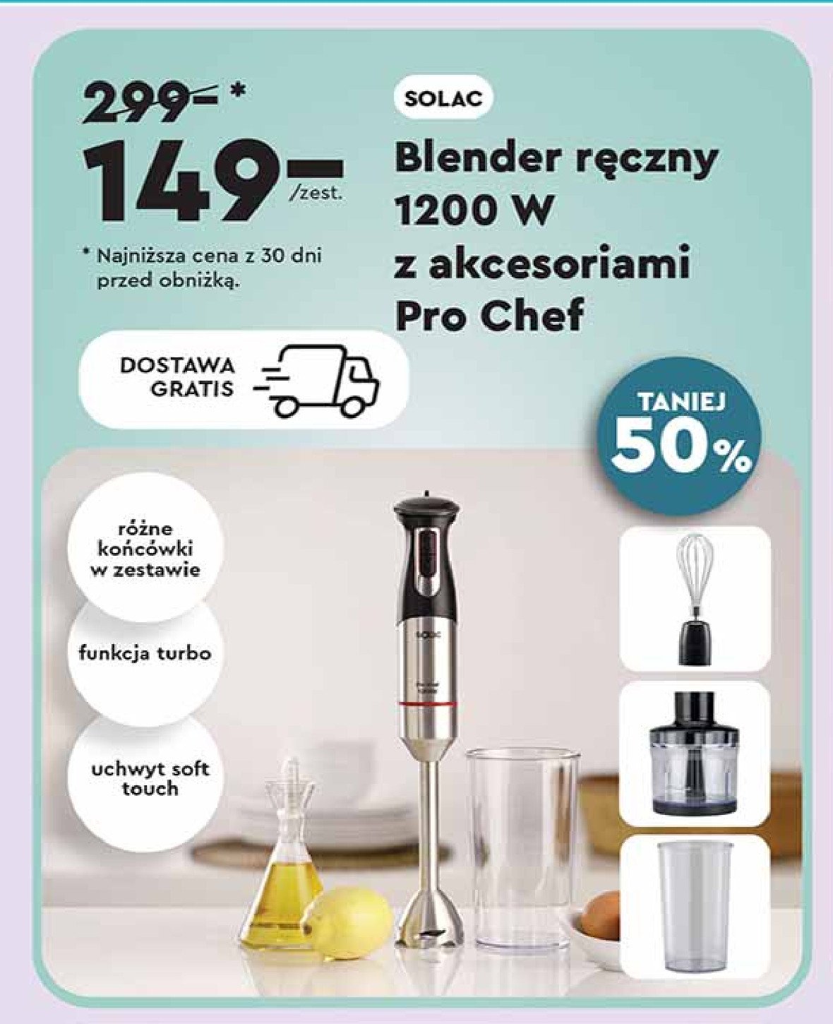 Blender pro chef 1200 w z akcesoriami SOLAC promocja w Biedronka