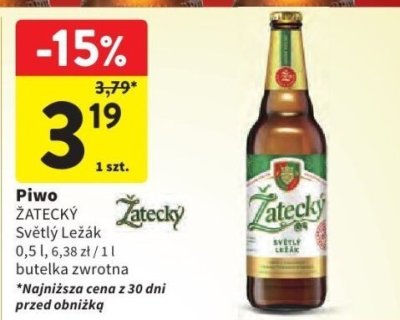 Piwo ŻATECKY Světlý Ležák 0,5 l, 6,38 zł / 1 l butelka zwrotna promocja w Intermarche