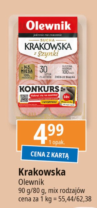 Kiełbasa krakowska sucha z szynki Olewnik promocja w Leclerc