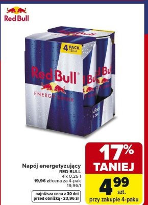 Napój energetyzujący RED BULL 4 x 0,25 l promocja w Carrefour Market
