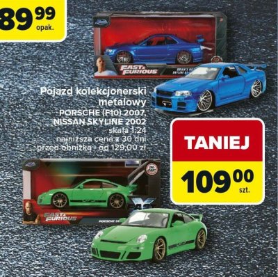 Pojazd kolekcjonerski metalowy Fast & Furious Porsche (GT0) 2002, Nissan Skyline 2002 skala 1:24 promocja w Carrefour