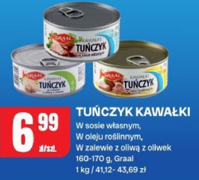 Tuńczyk kawałki w sosie własnym, w oleju roślinnym, w zalewie z oliwą z oliwek 160-170 g, Graal promocja w Chorten