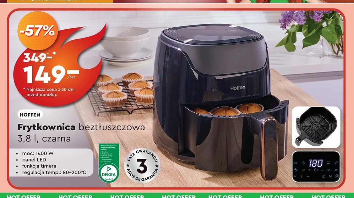 Frytkownica beztłuszczowa 1400 w Hoffen promocja w Biedronka