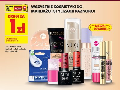Wszystkie kosmetyki do makijażu i stylizacji paznokci drugi za 1 zł promocja w Biedronka