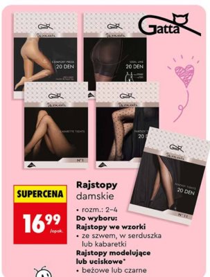 Rajstopy damskie Gatta we wzorki ze szwem, w serduszka lub kabaretki promocja w Biedronka