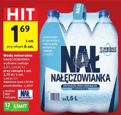 Woda mineralna NAŁĘCZOWIANKA wybrane rodzaje 1,5 l promocja w Intermarche