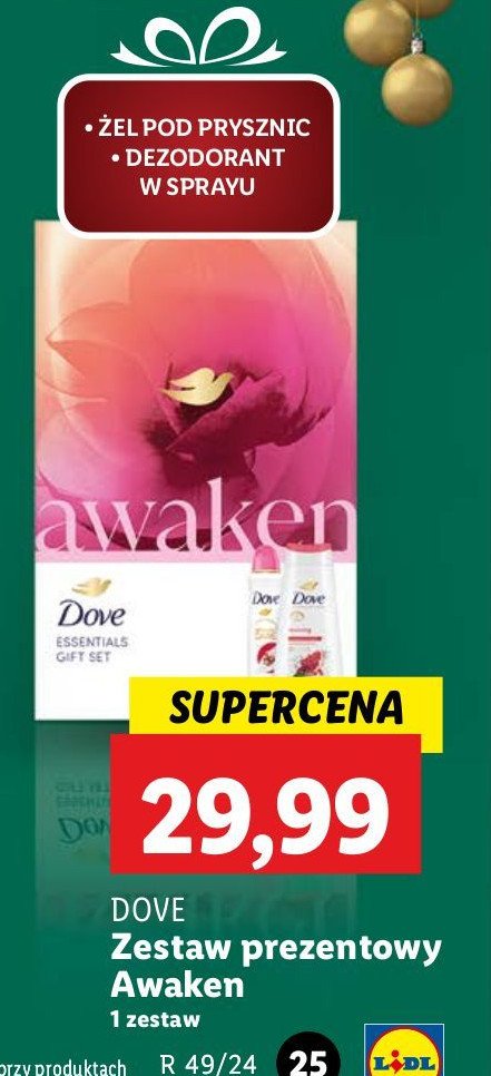 Zestaw w pudełku awaken: żel pod prysznic 250 ml + dezodorant 150 ml Dove zestaw promocja w Lidl