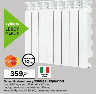 Grzejnik aluminiowy X500 8 EL EQUATION moc: 880 W, wym. 80 x 57 x 10 cm, podłączenie: boczne, rozstaw: 50 cm, kolor: biały promocja w Leroy Merlin