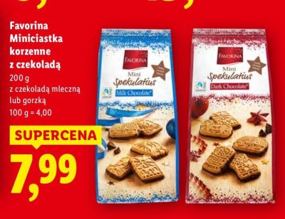 Ciastka Favorina Miniciasta korzenne z czekoladą z czekoladą mleczną lub gorzką promocja w Lidl