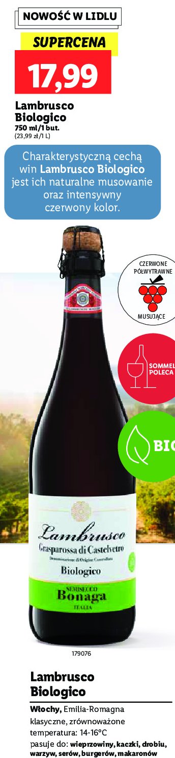 Wino półwytrawne biologico LAMBRUSCO promocja