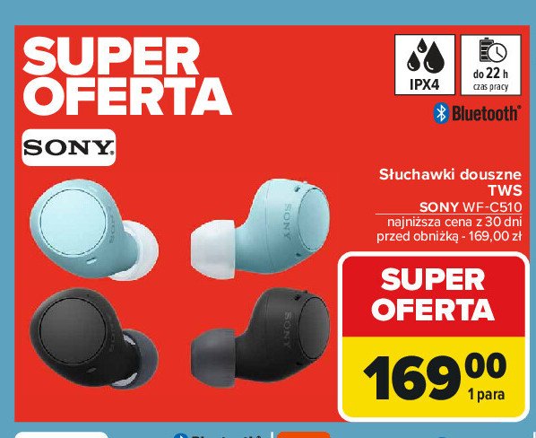 Słuchawki wf-c510 czarne Sony promocja w Carrefour