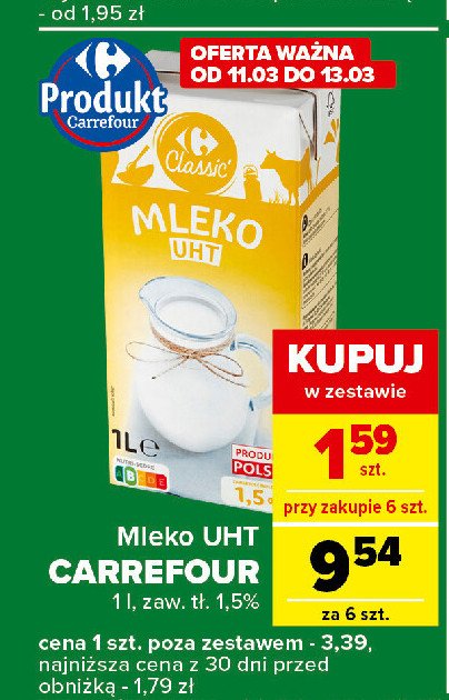 Mleko 1.5% Carrefour classic promocja