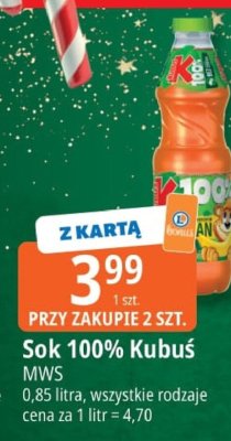 Sok 100% Kubuś MWS 0,85 litra promocja w Leclerc