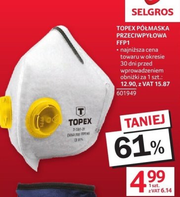 Maska przeciwpyłowa Topex FFP1 promocja w Selgros