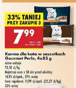 Karma dla kota mini fileciki w sosie z indykiem + kaczką + jagnięciną + tuńczykiem Purina gourmet perle promocja w Biedronka