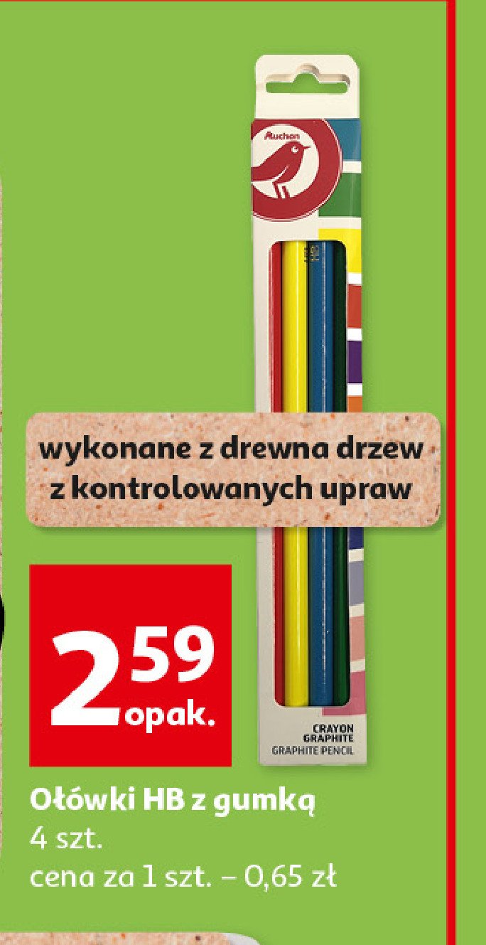 Ołówki hb z gumką Auchan różnorodne (logo czerwone) promocja