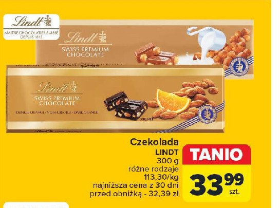 Czekolada gorzka o smaku pomarańczowym z migdałami LINDT SWISS PREMIUM promocja w Carrefour Market