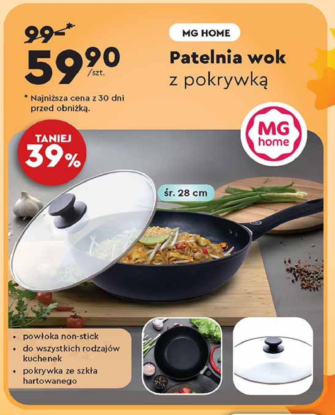 Wok z pokrywą 28 cm Mg home promocja w Biedronka