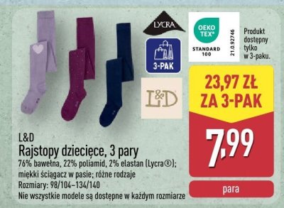 Rajstopy dziecięce L&D, 3 pary promocja w Aldi