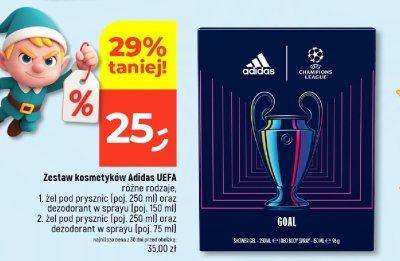 Zestaw kosmetyków Adidas UEFA różne rodzaje, żel pod prysznic (poj. 250 ml) oraz dezodorant w sprayu (poj. 150 ml) oraz żel pod prysznic (poj. 250 ml) oraz dezodorant w sprayu (poj. 75 ml) promocja w Dealz