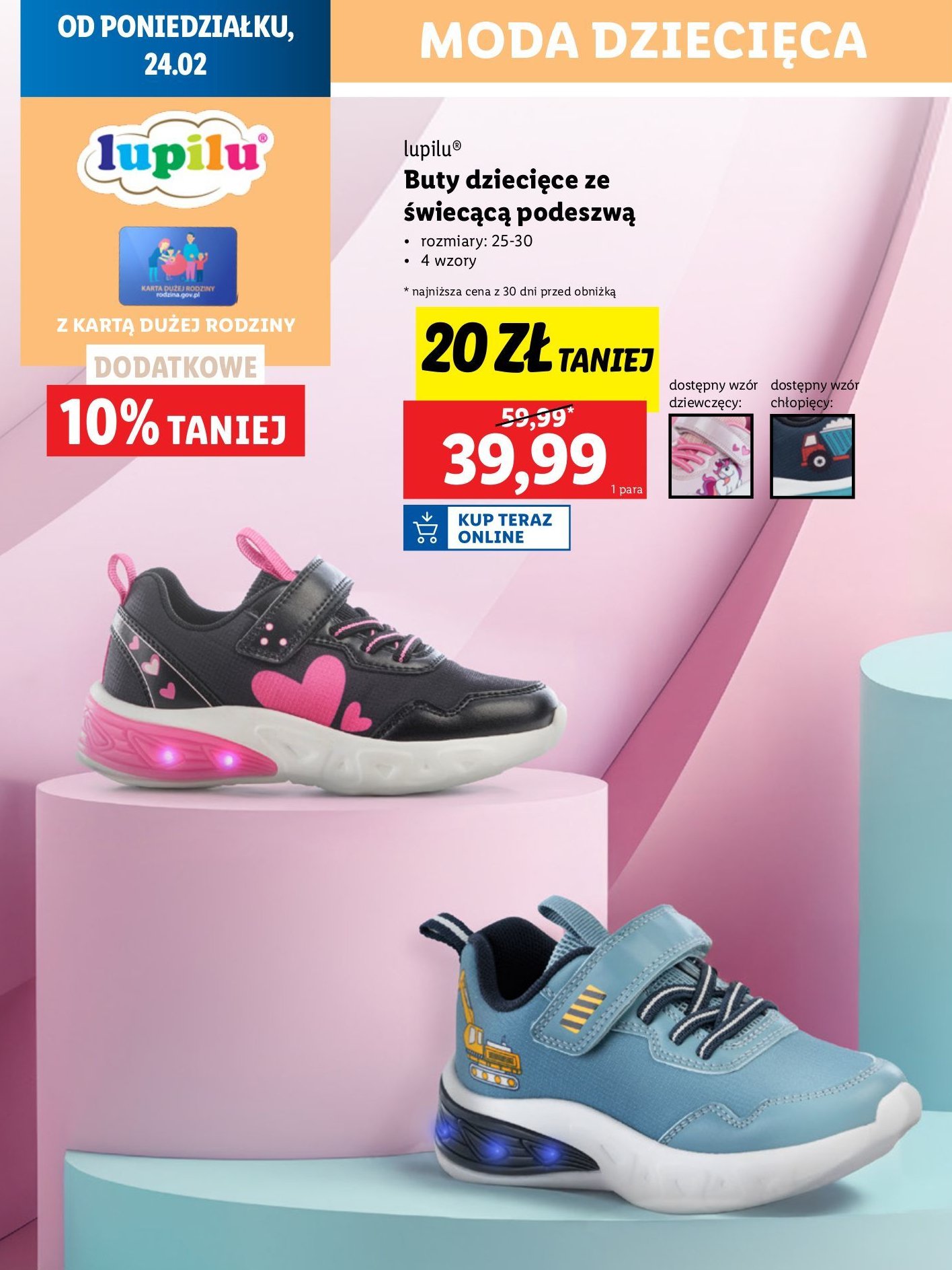 Buty dziecięce 25-30 ze świecącą podeszwą Lupilu promocja w Lidl