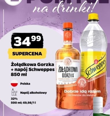 Napój alkoholowy Żołądkowa Gorzka + napój Schweppes 850 ml promocja w Netto