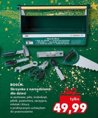 Skrzynka z narzędziami dla dzieci BOSCH w zestawie: piła, śrubokręt, pilnik, poziomnica, szczypce, młotek i klucz, z praktycznym uchwytem do przenoszenia promocja w Kaufland