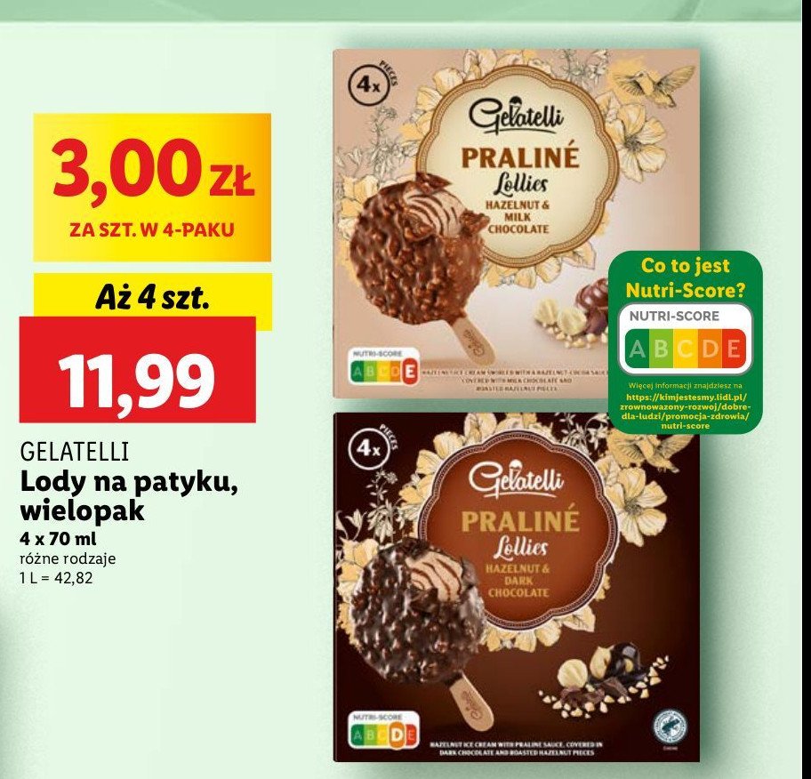 Lody praline hazelnut & milk chocolate Gelatelli promocja w Lidl