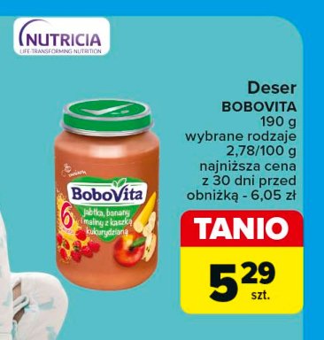 Deserek jabłka banany i maliny z kaszką kukurydzianą Bobovita promocja w Carrefour Market