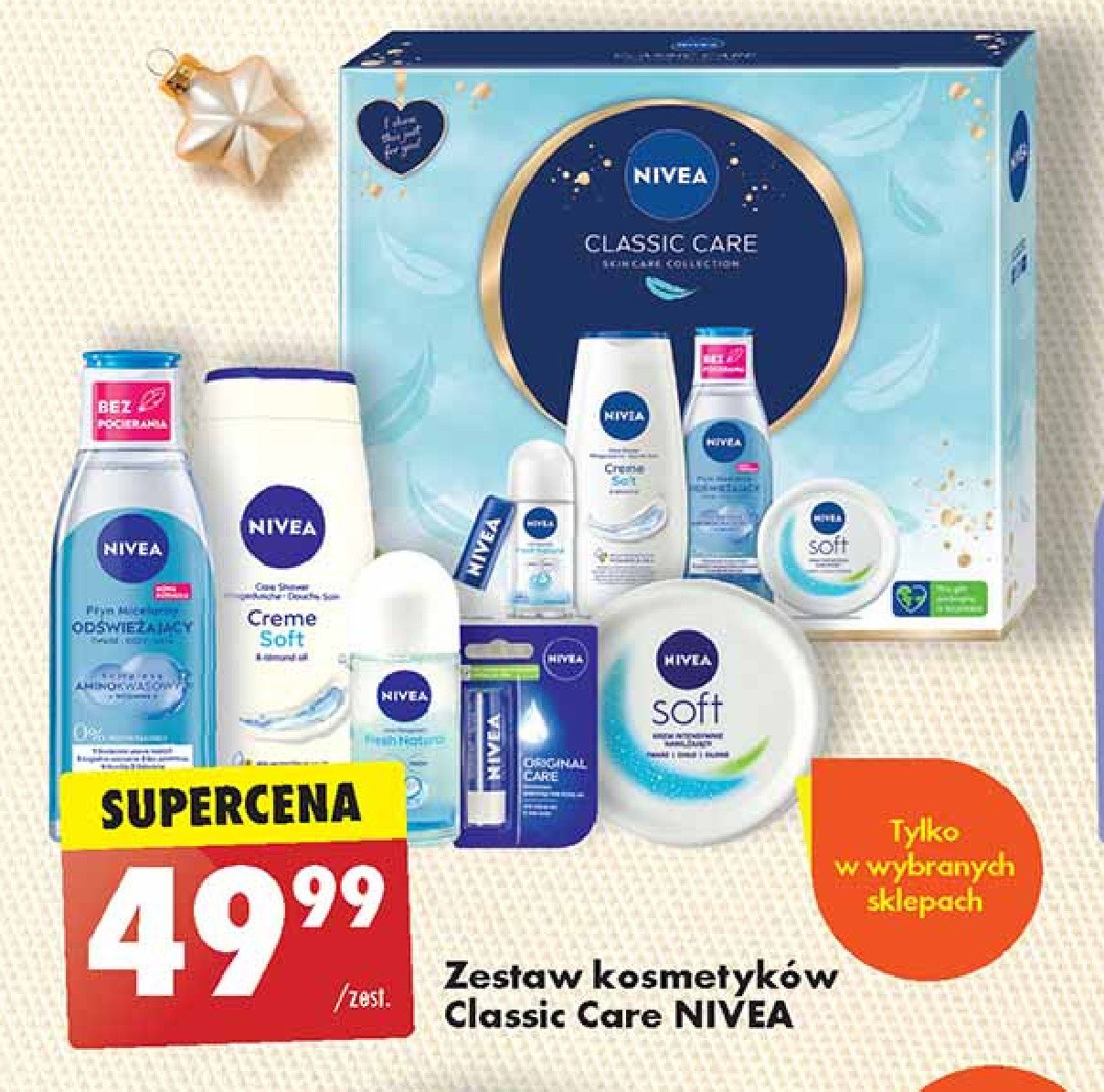 Zestaw w pudełku classic care żel pod prysznic 250 ml + płyn micelarny 200 ml + krem soft 100 ml + dezodorant kulka 50 ml + pomadka do ust Nivea zestaw promocja