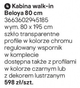 Kabina prysznicowa walk-in Beloya 80 cm promocja w Castorama