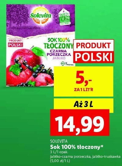 Sok 100% t艂oczony jab艂ko-czarna porzeczka Solevita promocja