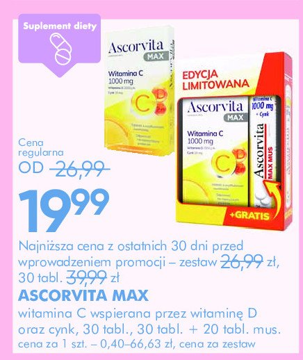 Zestaw: tabletki powlekane 30 szt + tabletki musujące cytrynowe 30 szt ASCORVITA MAX promocja w Super-Pharm