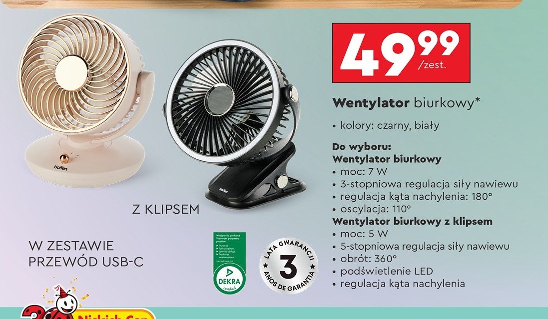 Wentylator biurkowy z klipsem Hoffen promocja w Biedronka
