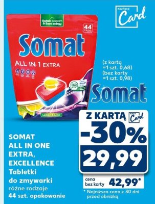 Środek czystości Somat All in One Extra, Excellence Tabletki do zmywarek różne rodzaje 44 szt. opakowanie (z kartą =1szt. 0,68) (bez karty =1 szt. 0,98) promocja w Kaufland