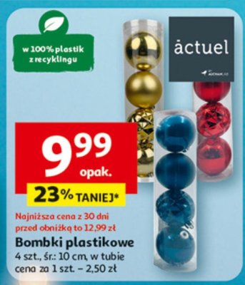 Bombki plastikowe 4 szt. śr. 10 cm w tubie, cena za 1 szt. 2.50 zł promocja w Auchan