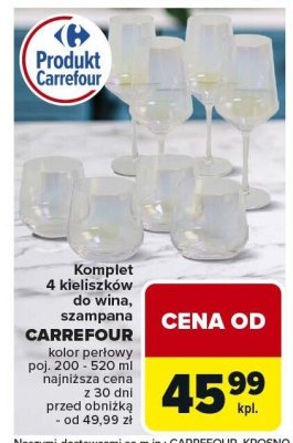 Komplet 4 kieliszków do wina, szampana CARREFOUR kolor perłowy poj. 200 - 520 ml promocja w Carrefour