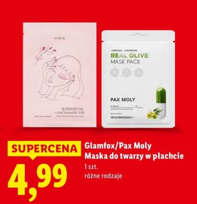 Maska do twarzy w płachcie Glamfox/Pax Moly, różne rodzaje promocja w Lidl