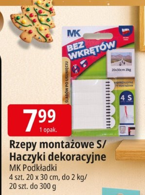 Rzepy montażowe S/ Haczyki dekoracyjne MK Podkładki 4 szt. 20 x 30 mm, do 2 kg/ 20 szt. do 300 g promocja w Leclerc