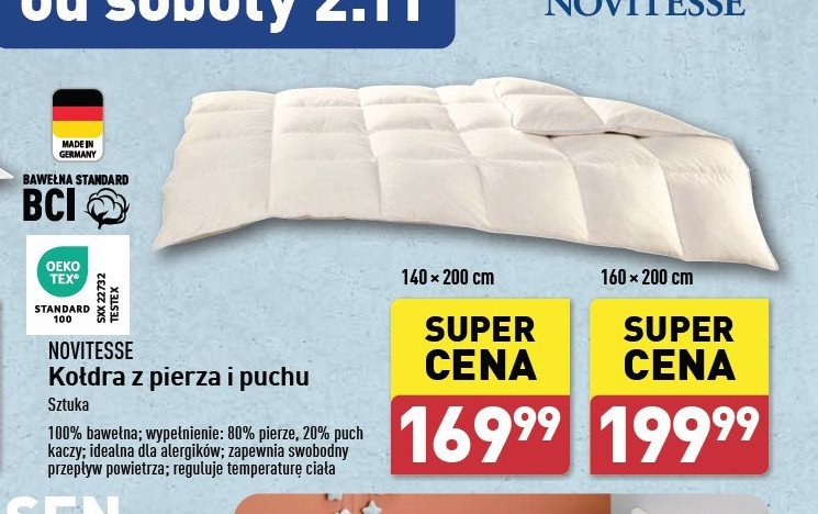 Kołdra z pierza i puchu 140 x 200 cm Novitesse promocja