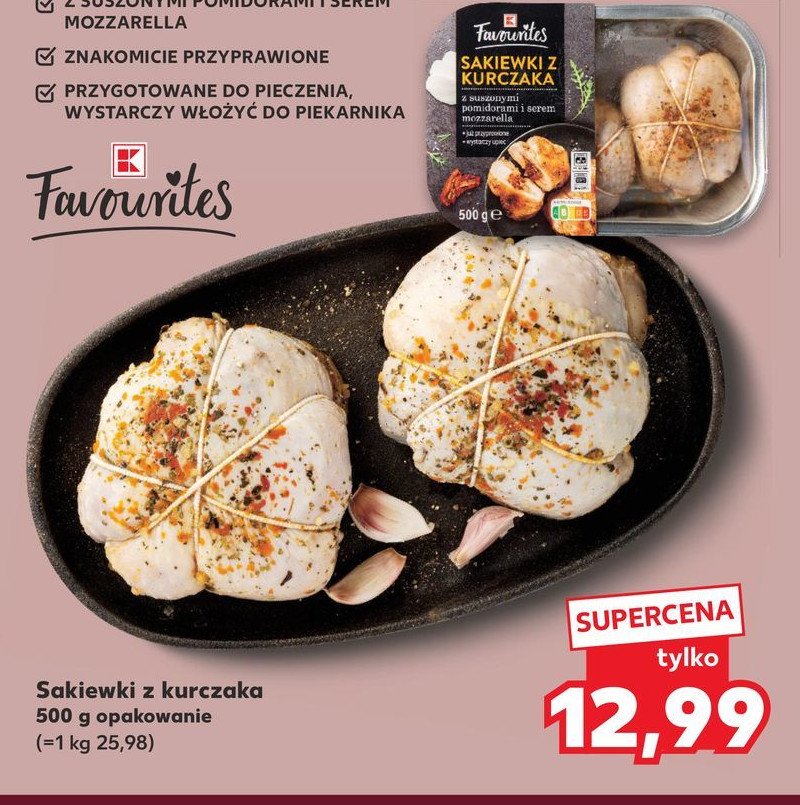 Sakiewki z kurczaka z pomidorami i serem mozzarella K-classic favourites promocja