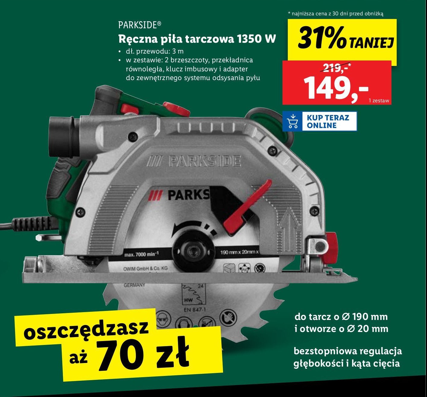 Piła stołowa tarczowa z prowadnicą laserową 1350w Parkside promocja w Lidl