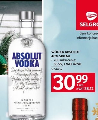 Wódka Absolut 40% 500 ml promocja w Selgros