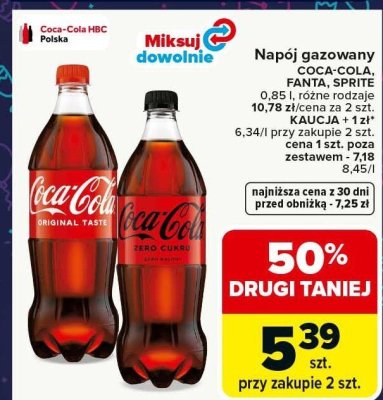 Napój gazowany Coca-Cola, Fanta, Sprite 0,85l promocja w Carrefour Market