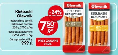 Kiełbaski Olewnik krakowskie z szynki, bekonowe z serem promocja w Żabka