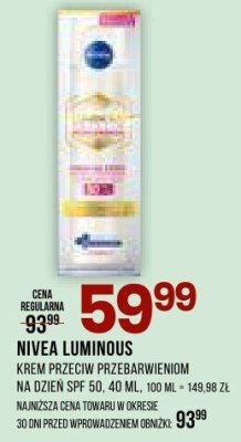 Krem przeciw przebarwieniom Nivea Luminous na dzień SPF 50, 40 ml promocja w Drogerie Natura
