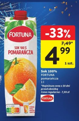 Sok 100% Fortuna pomarańcza promocja w Intermarche