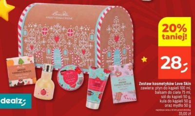 Zestaw kosmetyków Love Skin (płyn do kąpieli 100 ml, balsam do ciała 75 ml, sól do kąpieli 50 g, kula do kąpieli 50 g oraz mydło 50 g) promocja w Dealz