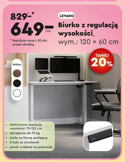 Biurko z regulacją wysokości levano 120 x 60 cm Lvnsystem promocja w Biedronka