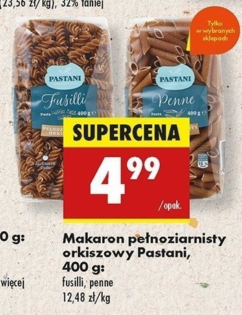 Makaron fusilli pełnoziarnisty orkiszowy Pastani promocja w Biedronka